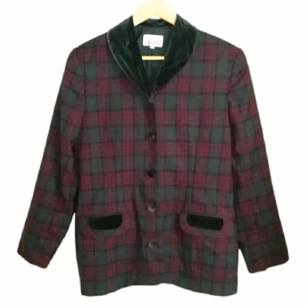Vintage Holiday Plaid Tartan Red & Green Preppy Simple Breasted Velvet Blazer L - Picture 2 of 15
